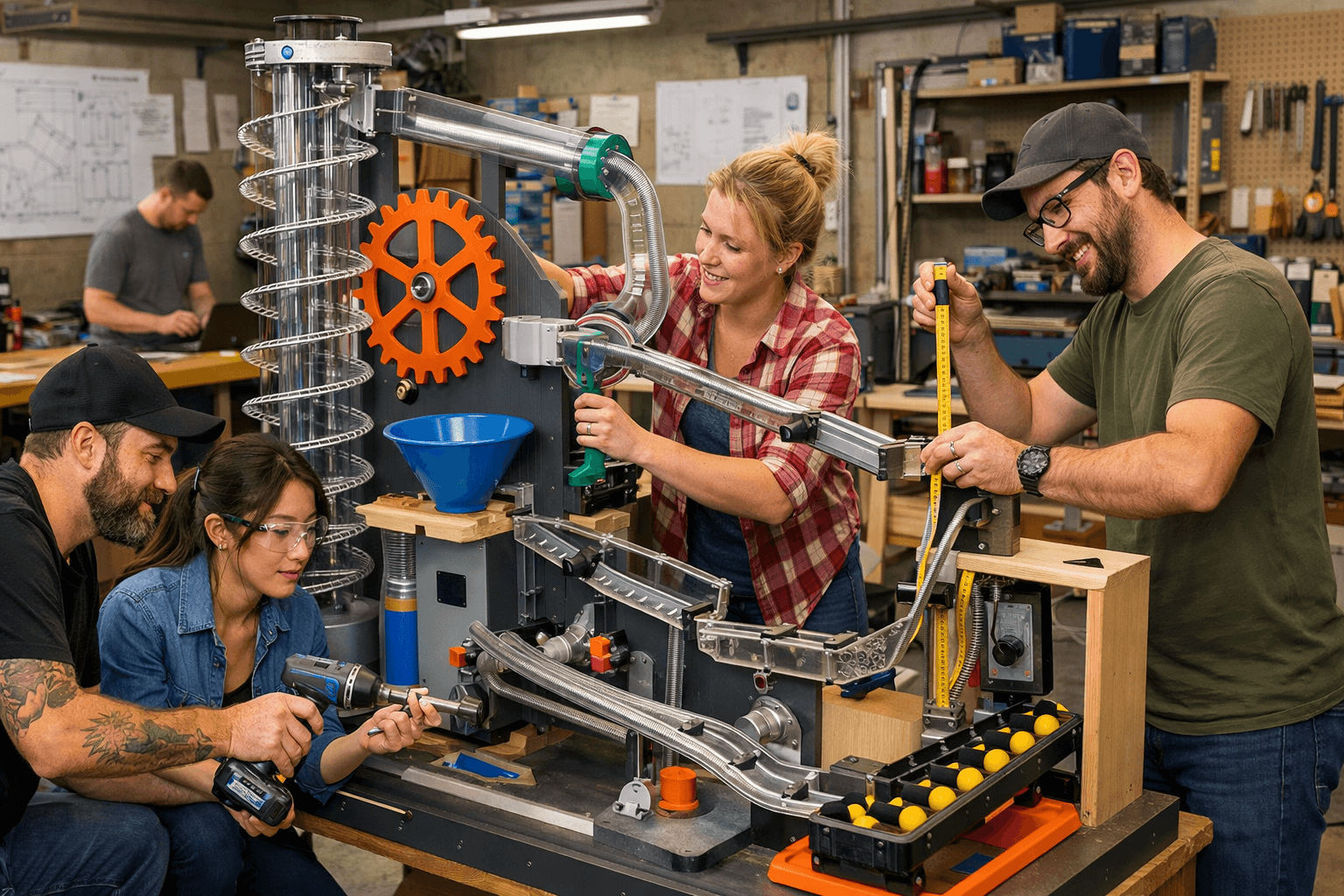 Team of designers building a hands-on science museum exhibit in a workshop