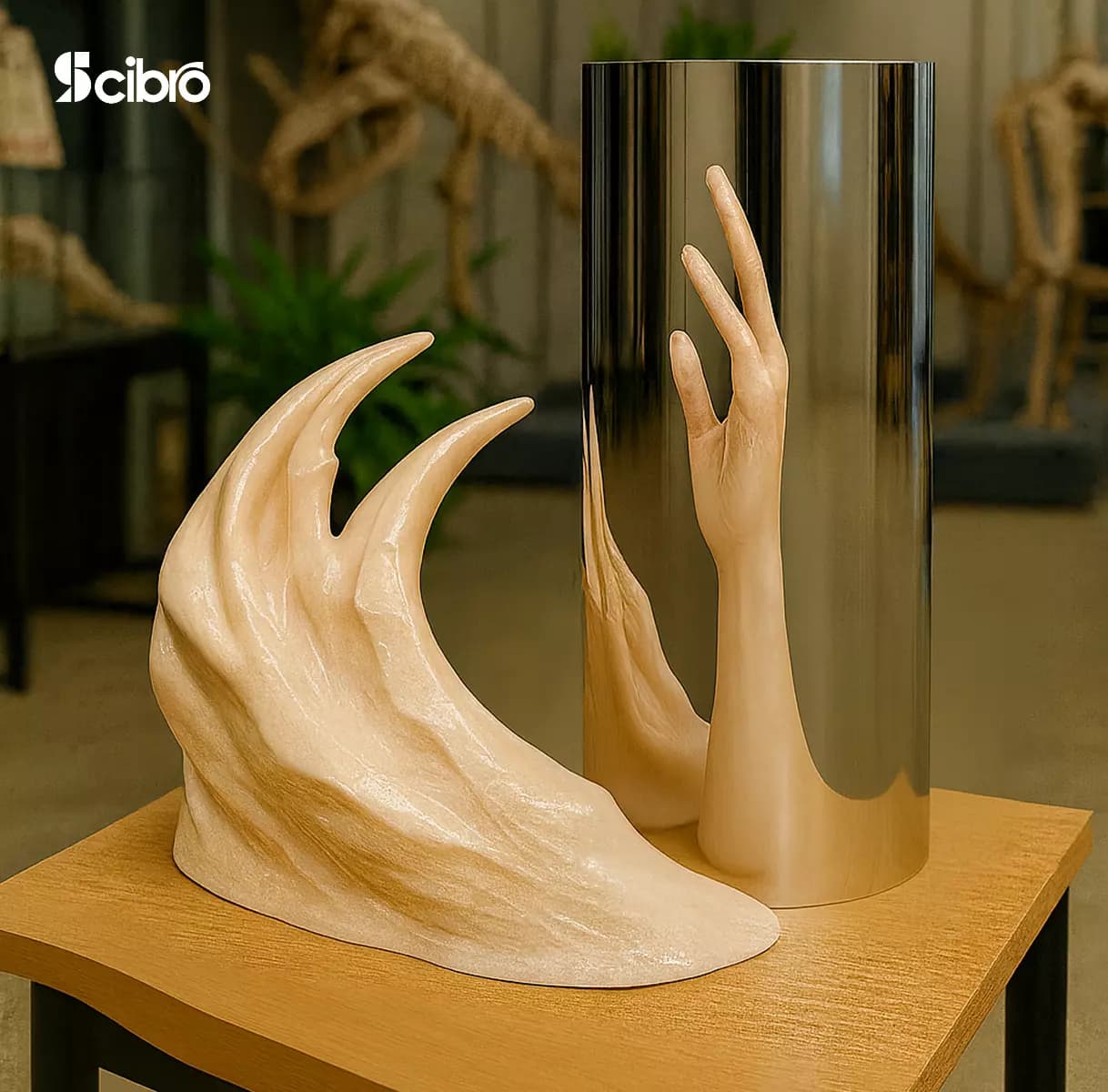 Cylindrical mirror exhibit demonstrating image correction and optical principles in a science center