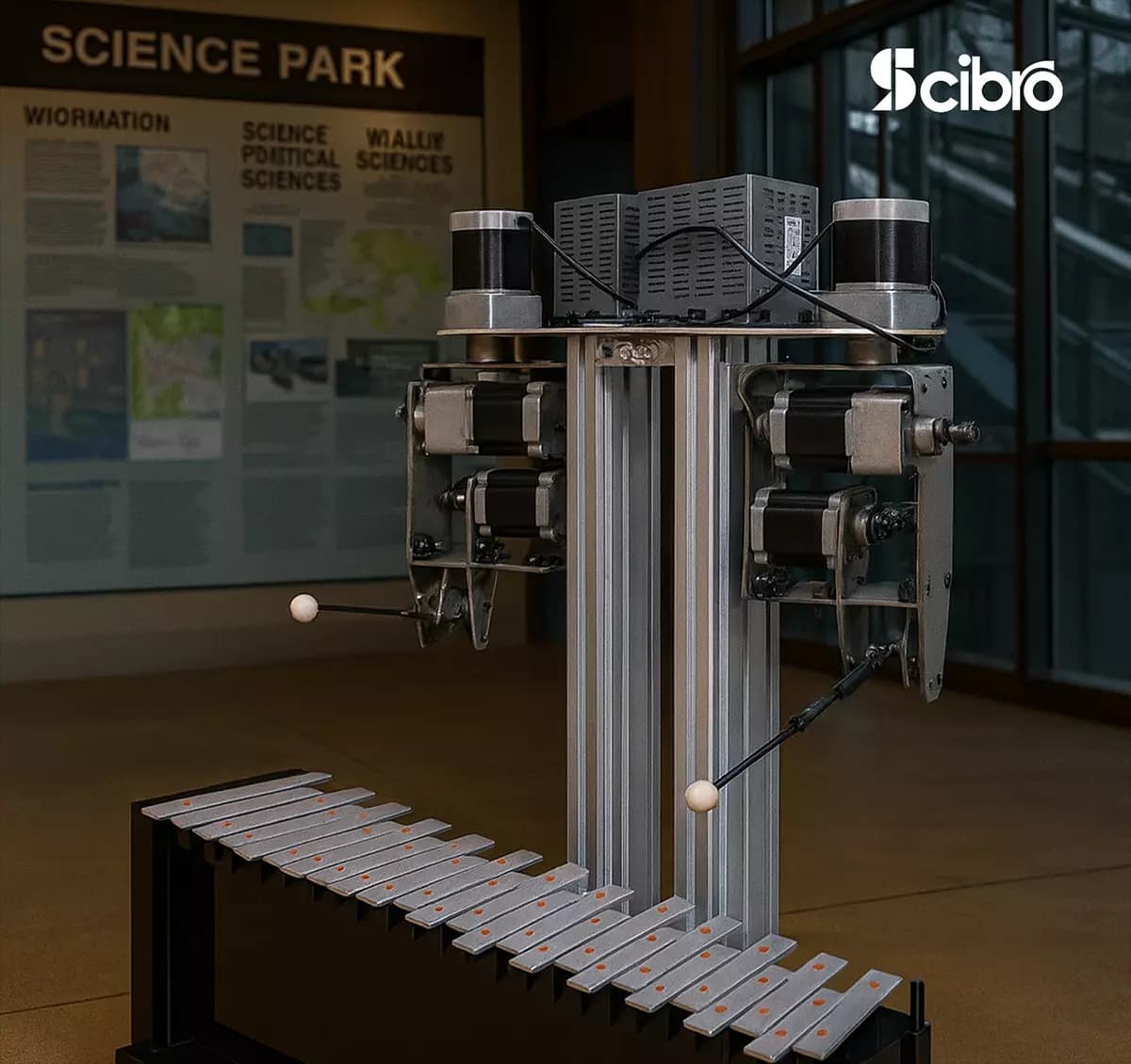 Metallophone-playing robot exhibit in a modern science center demonstrating robotics and music
