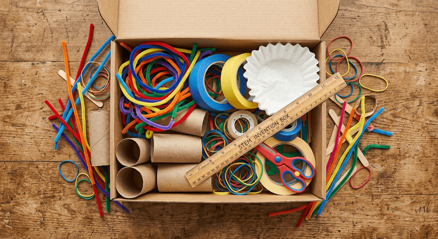 An invention box filled with everyday materials like cardboard tubes, pipe cleaners, tape, and rulers for kids’ STEM crafts.