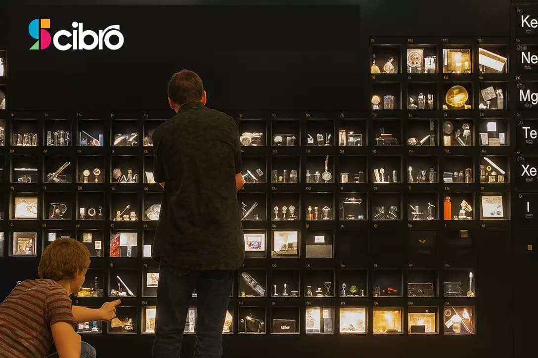 Periodic table exhibit with real elements displayed in a modern science park design