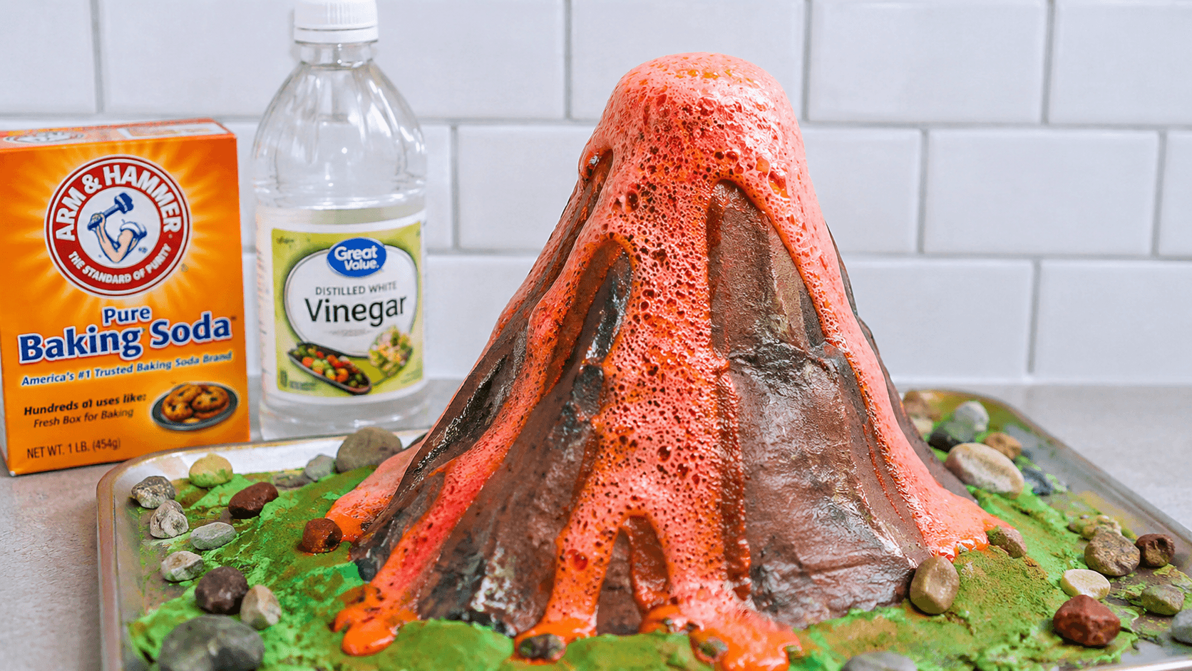 Colorful homemade volcano erupting with foam