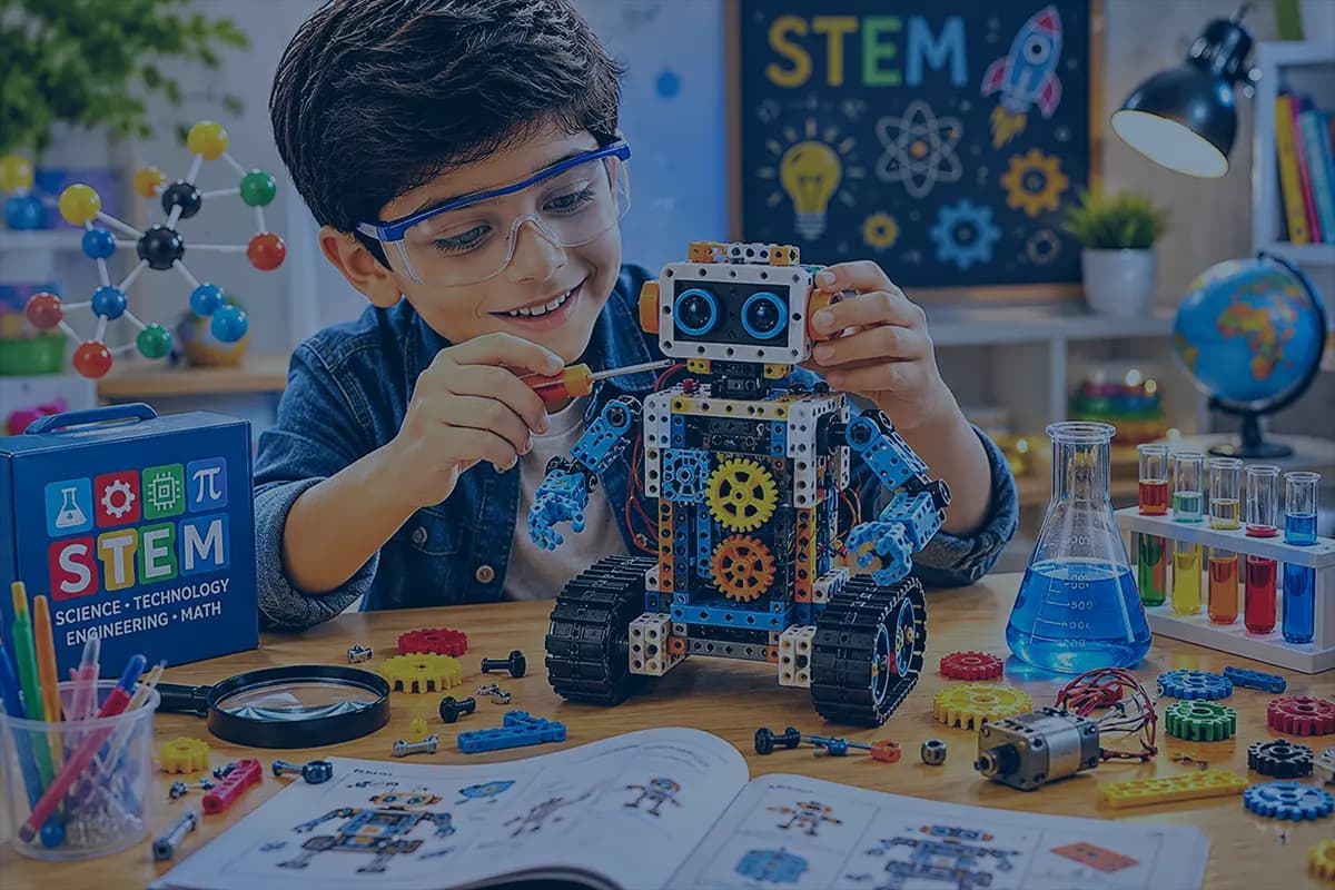 Child building a robot with colorful STEM toys and science kits on a wooden table
